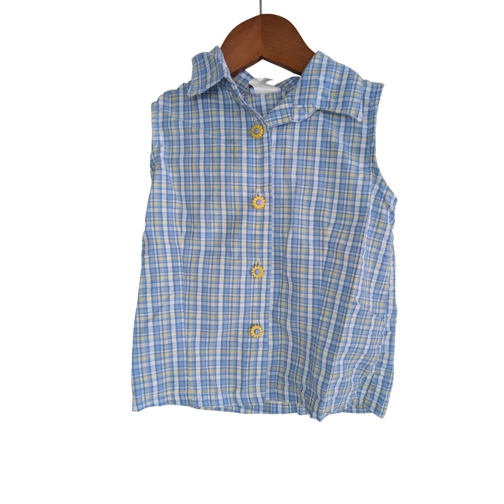 To The Limit Girls‎ Sz 6 Blue Yellow Plaid Sleeveless Top Flower Buttons Vintage